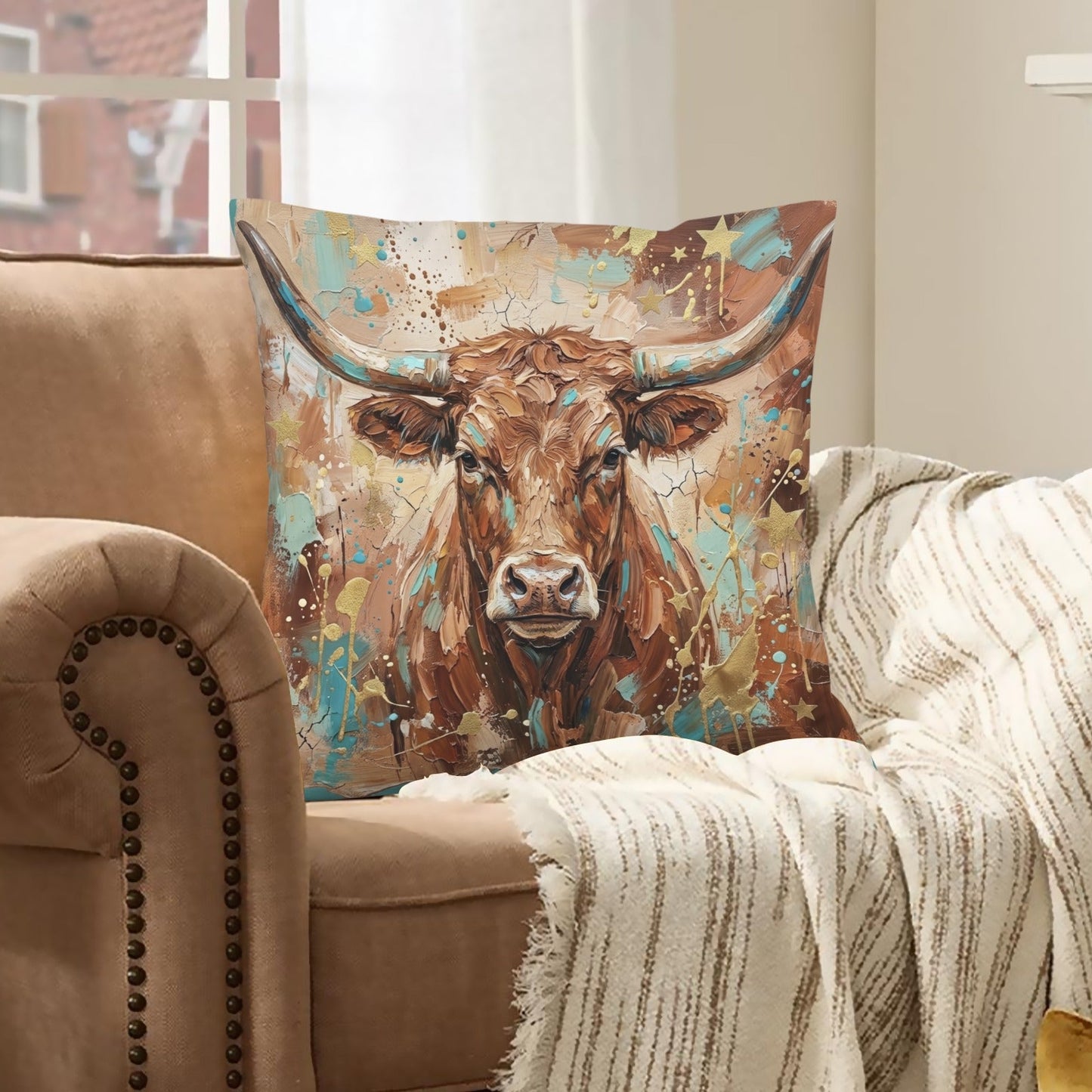 Baha Ranch Velvety Soft Painted Bull Pillow Cover Made in America