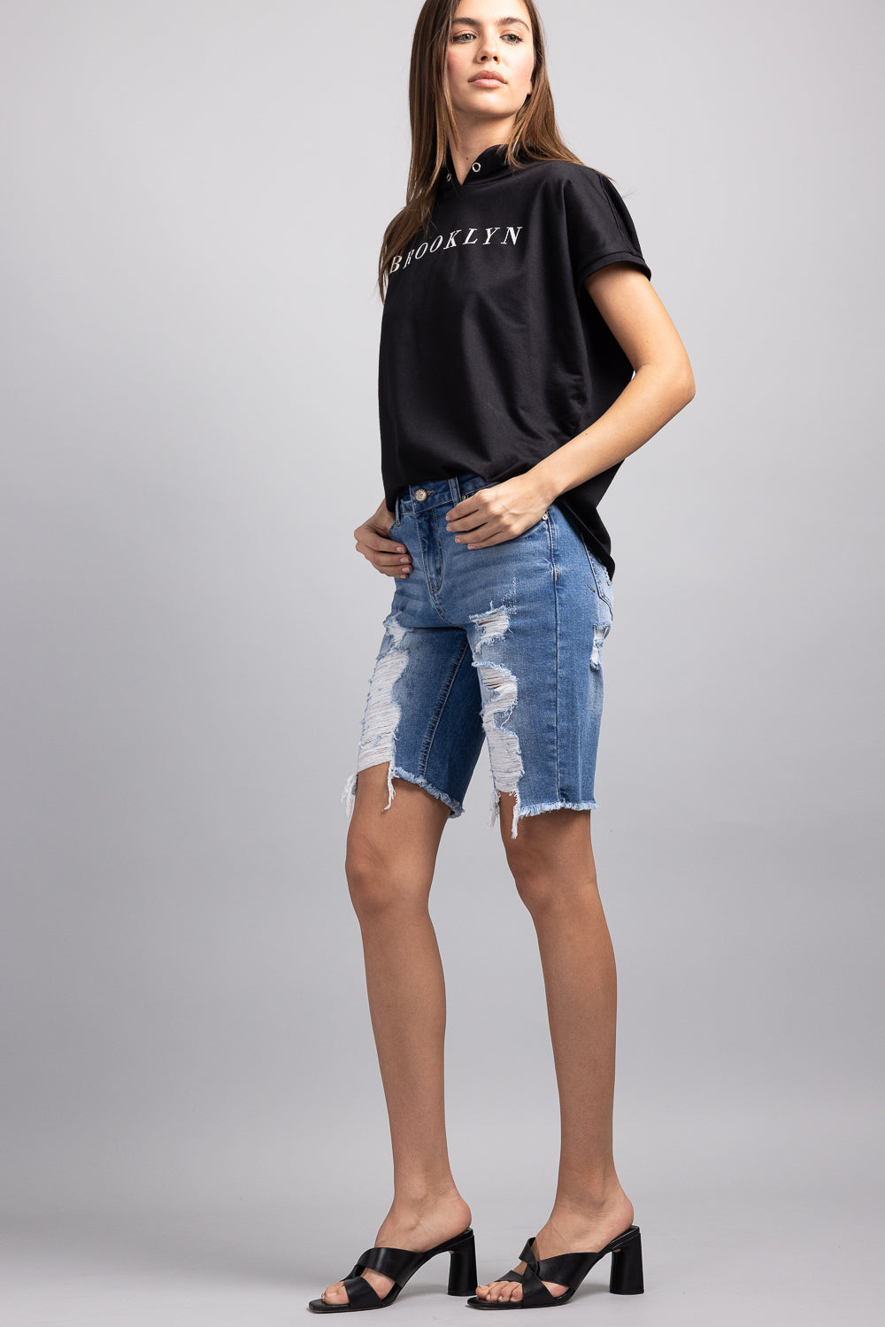 Mid Rise Heavy Destructed Bermuda Denim Shorts