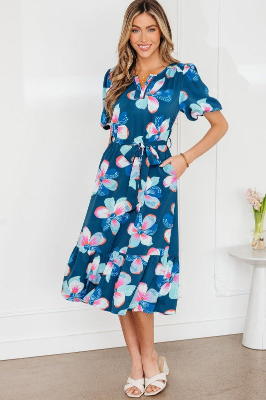 Floral Short Puff Sleeve Ruffle Belted Midi Dress