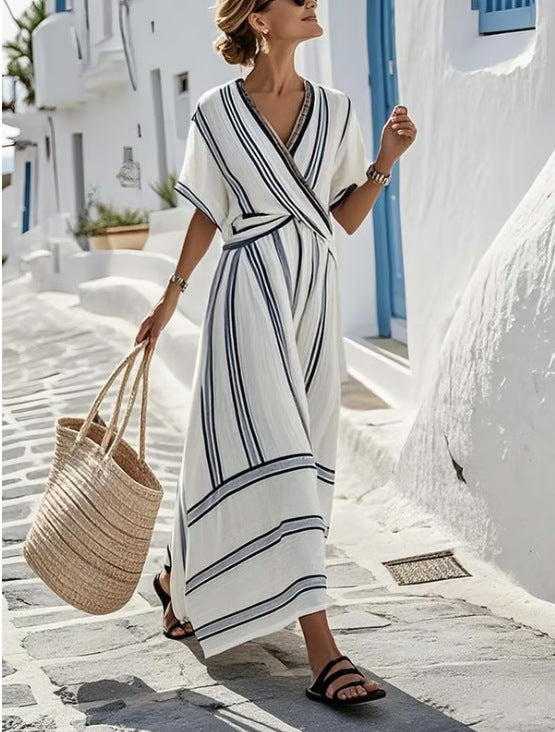 Casual Loose Retro Striped Print Holiday Dress Summer Short Sleeve V Neck Robes Dress Boho Beach Pleated A-Line Long Dress Woman (see size guide under more details)