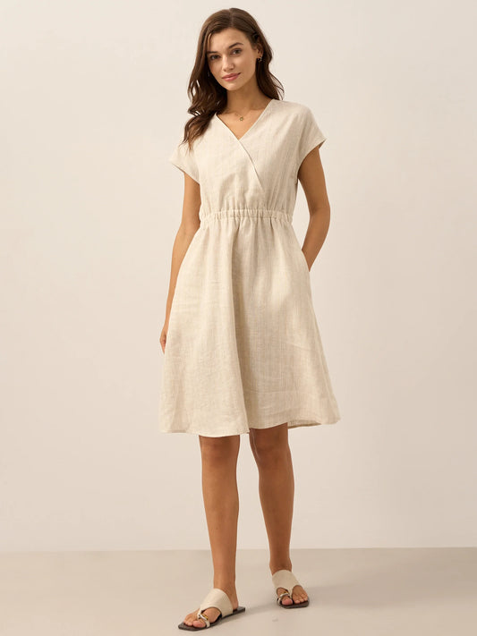 100% Linen Striped Elastic-Waist Midi Dress ARIA