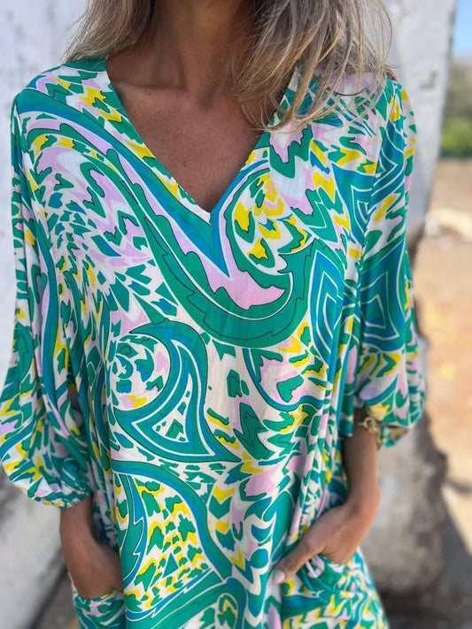 Printed V-Neck Dress with Pockets