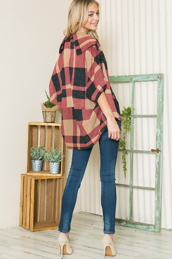 Plaid Textured Shawl Collared Sweater Cardigan