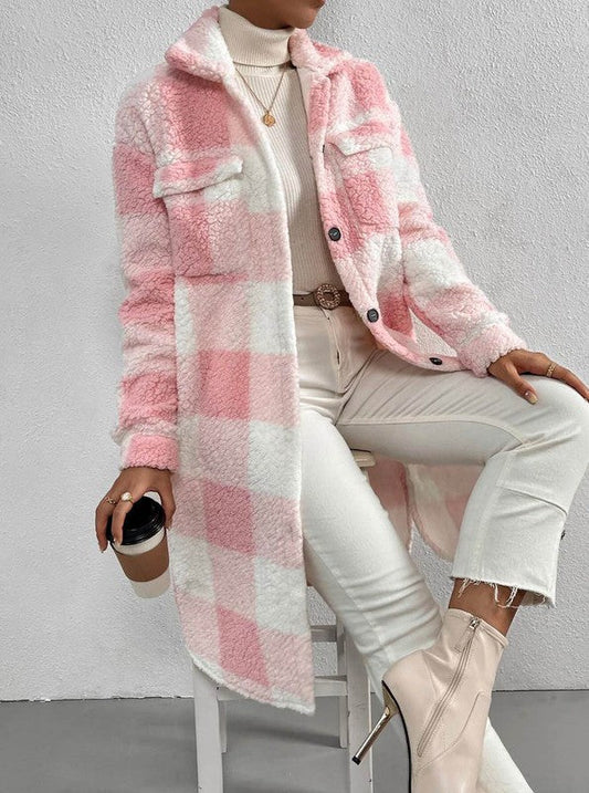 Miss Sparkling | Sherpa Plaid Long Coat