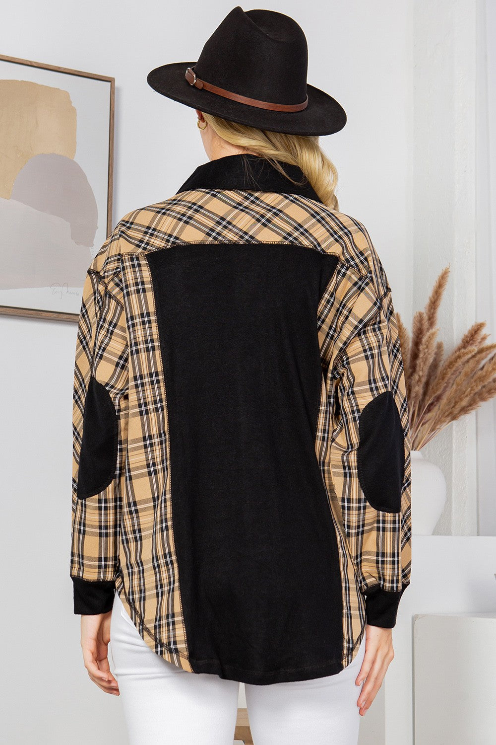 Oversized Elbow Patch Shacket-Plaid