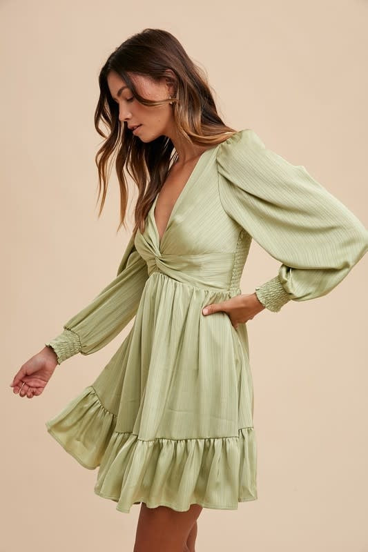Front Twisted Satin Mini Dress - Pistachio