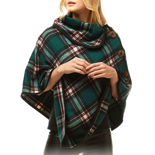 Averie Cozy Warm Plaid High Neck Collar Side Buttons Poncho High Neck Ruana