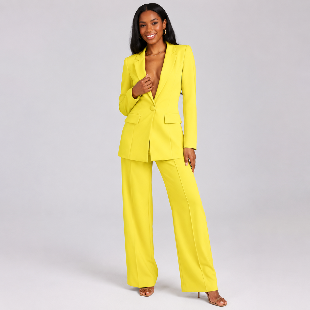 2-Piece Business Suit - Single Button Blazer Jacket & Wide Leg Trousers Set