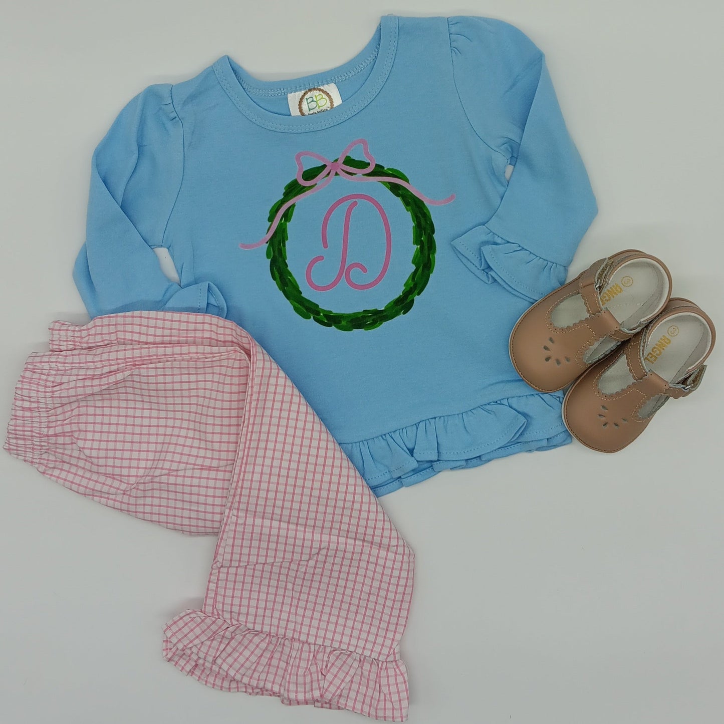 Pink Wreath Ruffle Tee Shirt | Girls | Short Sleeve | Holiday | Long Sleeve |