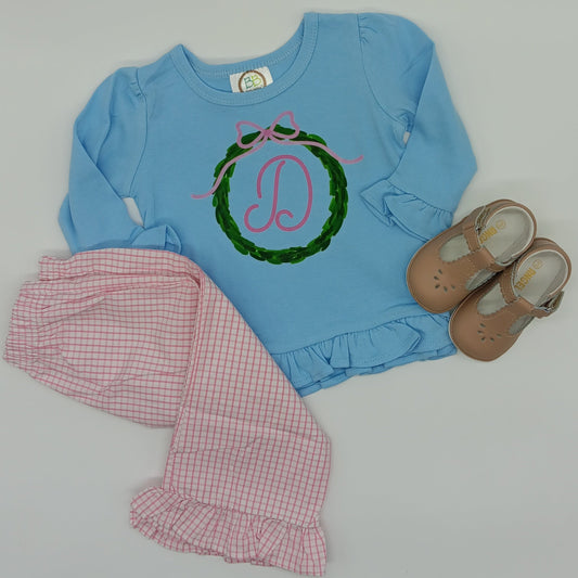 Pink Wreath Ruffle Tee Shirt | Girls | Short Sleeve | Holiday | Long Sleeve |