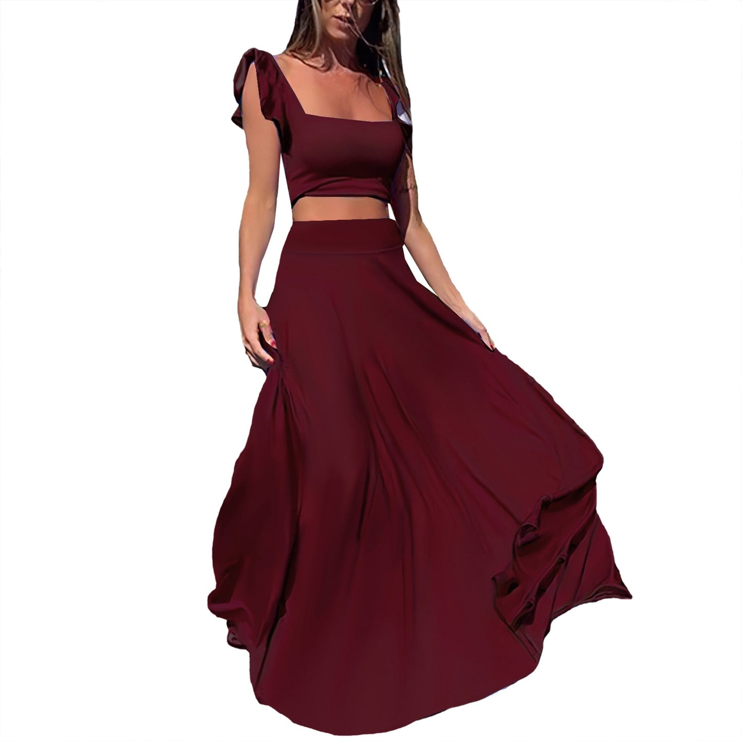 Solid color long skirt two-piece set