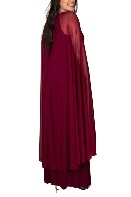 R&M Richards Pearl Bead Round Neckline Gown Dress with Cape (Plus Size)