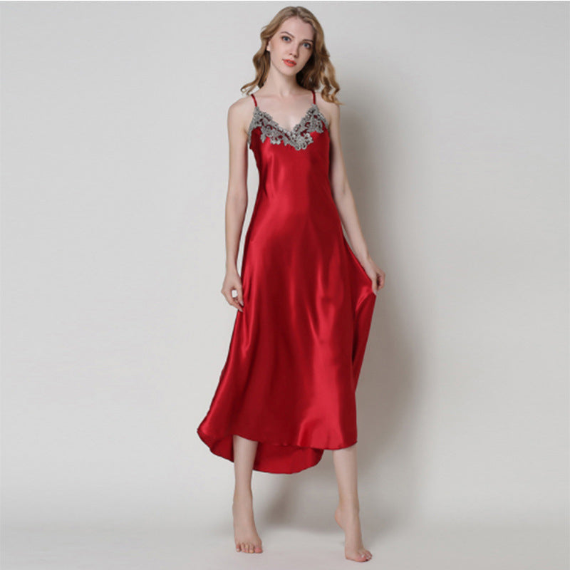 Imitated Silk Lace Sexy V-neck Long Slip Nightdress Pajamas Homewear