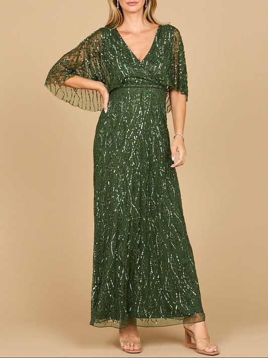 Beaded Gown with Half Cape
