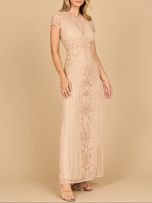 Beaded Cap Sleeve Illusion Plunge Gown | Lara 28869