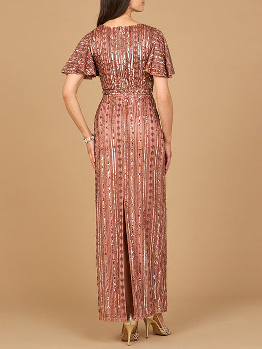 Fully Beaded Gown with Flutter Sleeves