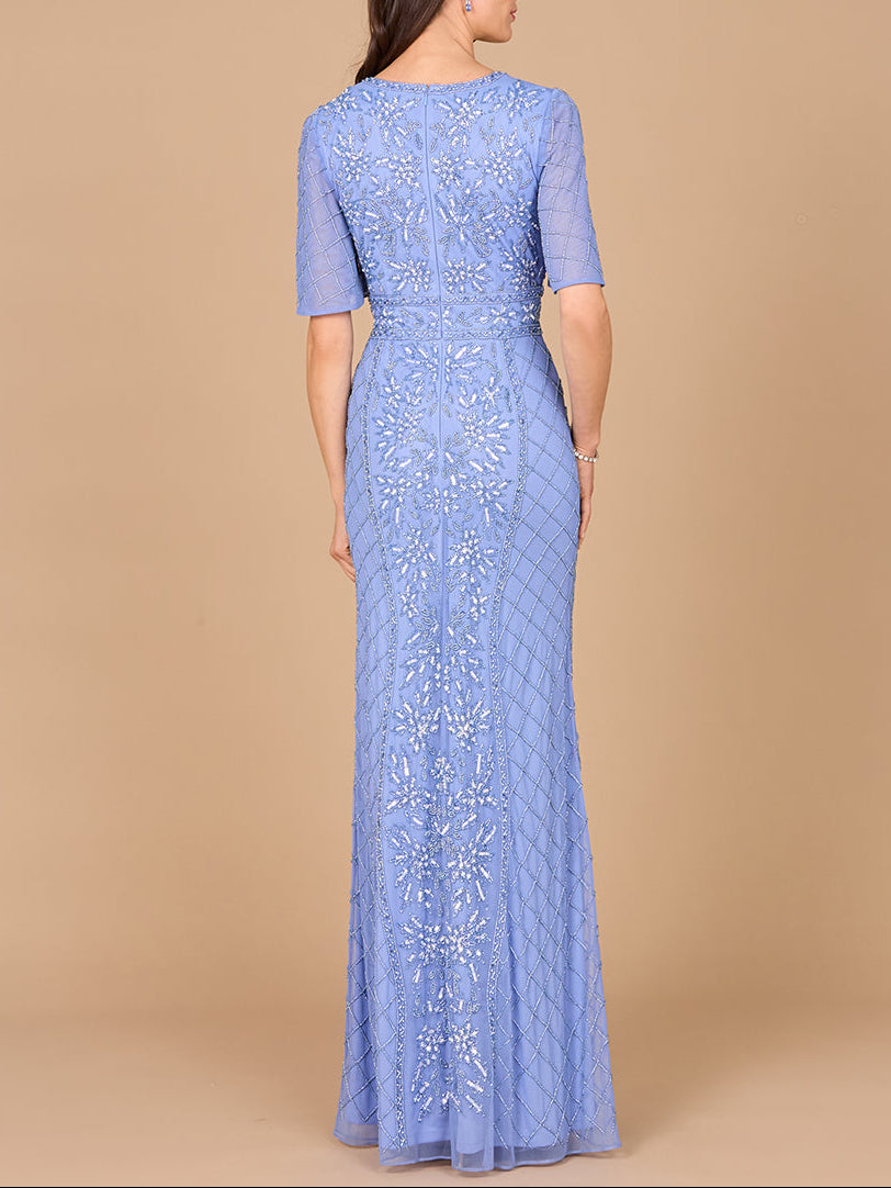 V-Neck, Cape Sleeve Beaded Gown with Belt