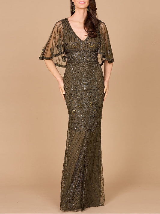 Cape Sleeve V-Neck Beaded Gown
