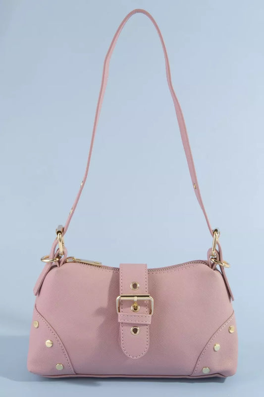 Fame Studded Saffiano Buckle Strap Shoulder Bag