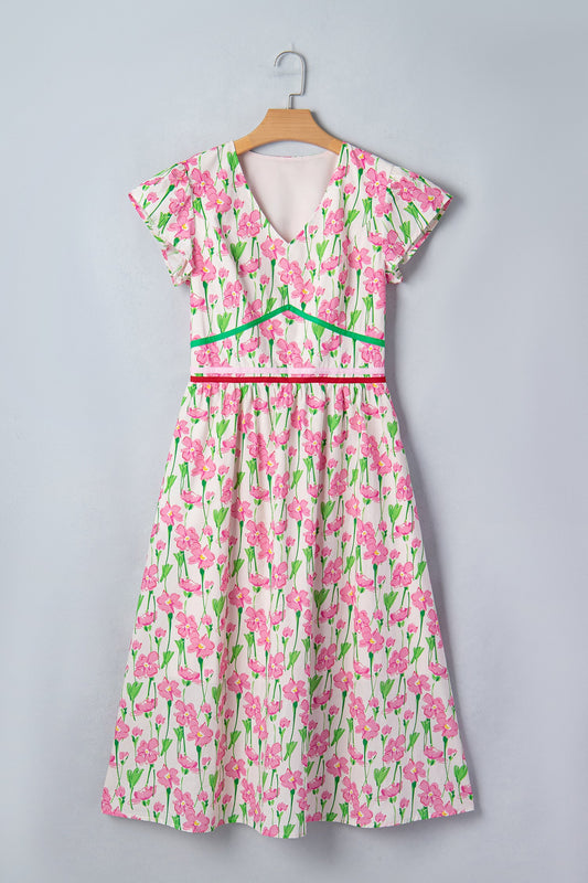 Floral V-Neck Short Sleeve Midi Dress