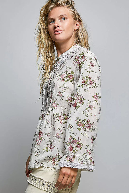 POL Floral Lace Trim Pintuck Button-Down Shirt