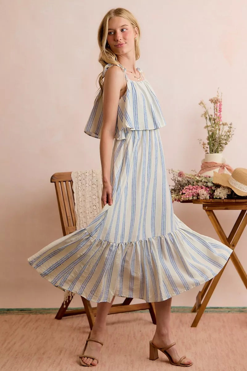 Stripe Tiered Shoulder Tie Midi Lined Dress