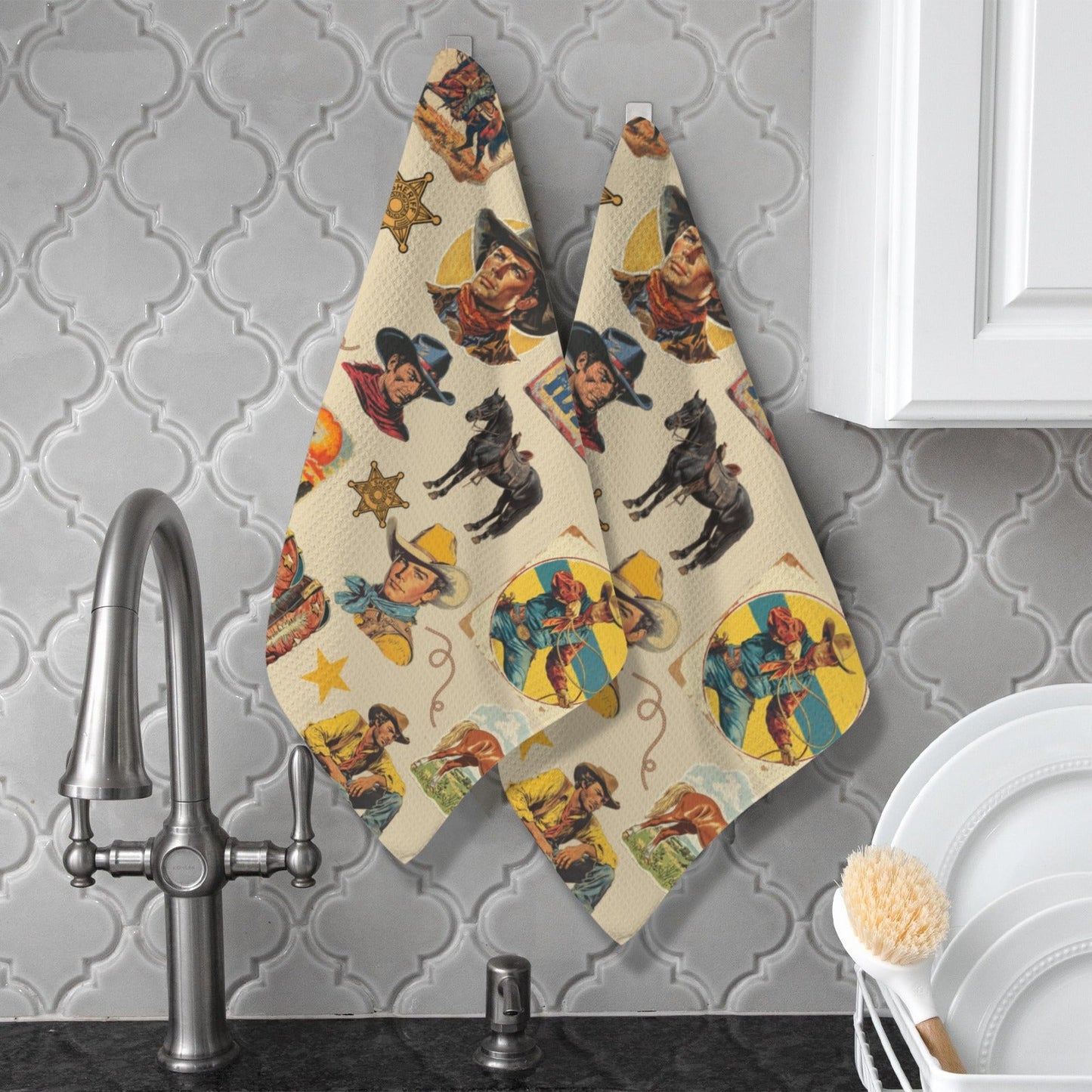 Baha Ranch Vintage Cowboy Collage Set of 2 Dish Towels Made in America