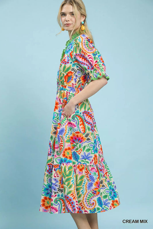 Umgee Mix Floral Midi Dress with Ruffle Trim