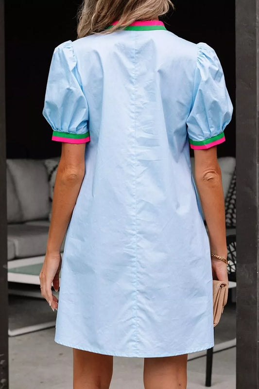 Puff Sleeve Mini Dress with Contrast Trim