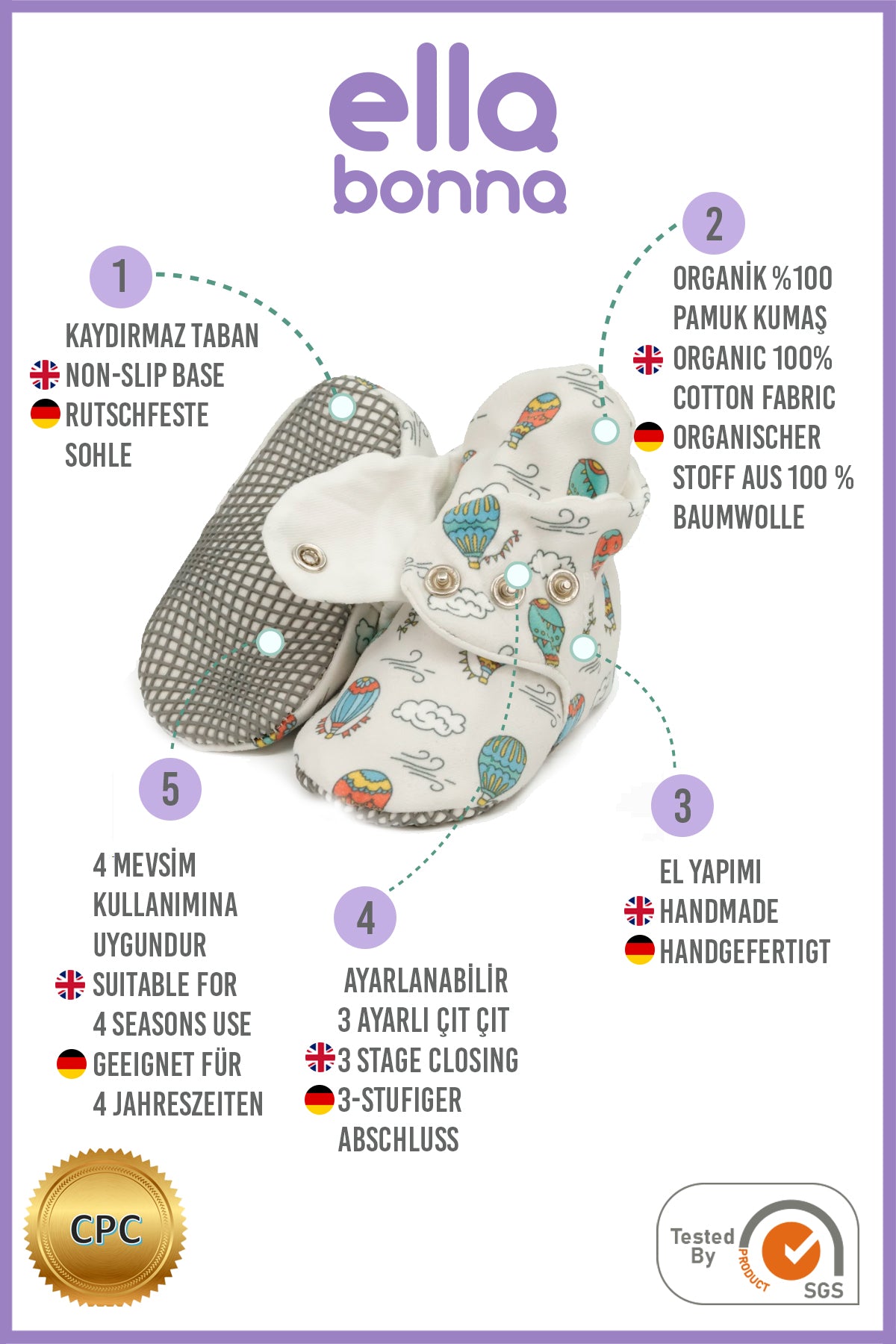 Organic Cotton Baby Booties, Non-Slip Sole, Cotton Newborn Booties Home Nursery Shoes, Cappadocia
