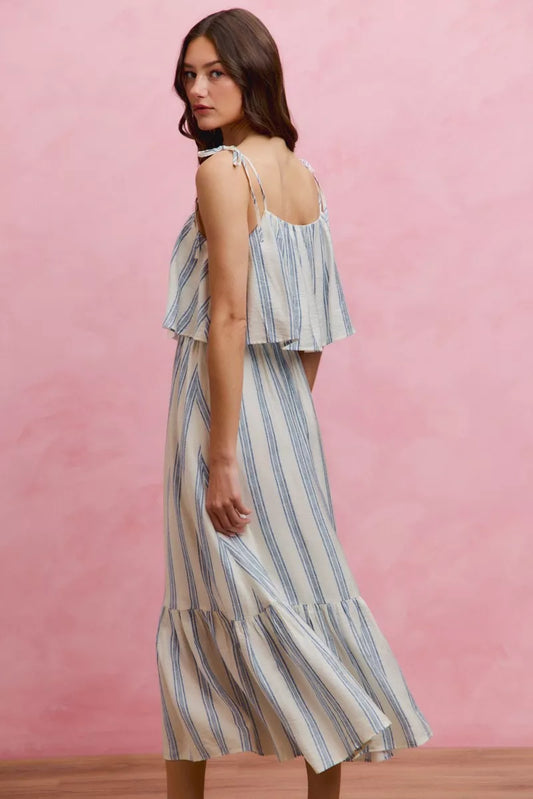 Stripe Tiered Shoulder Tie Midi Lined Dress