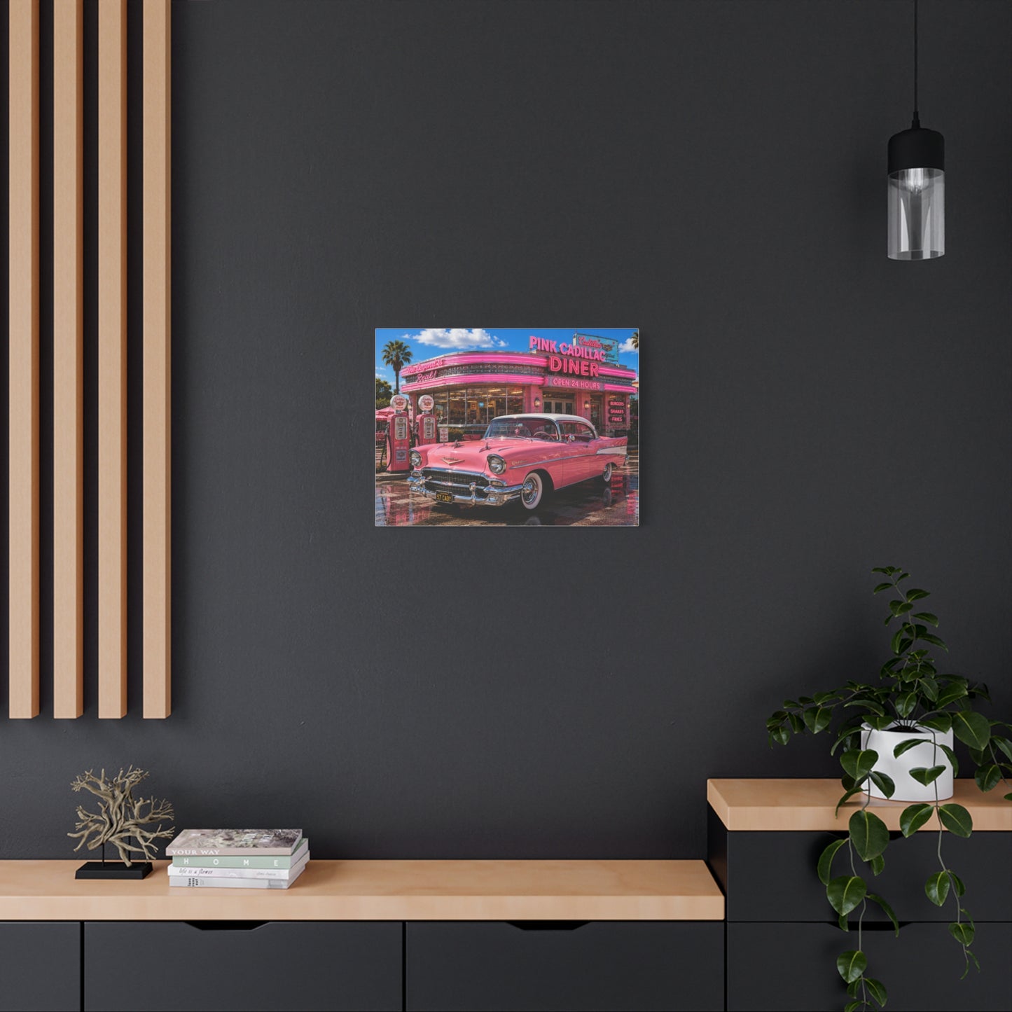 Pink Cadillac Diner Canvas Wall Art — Retro 1950s Car Poster