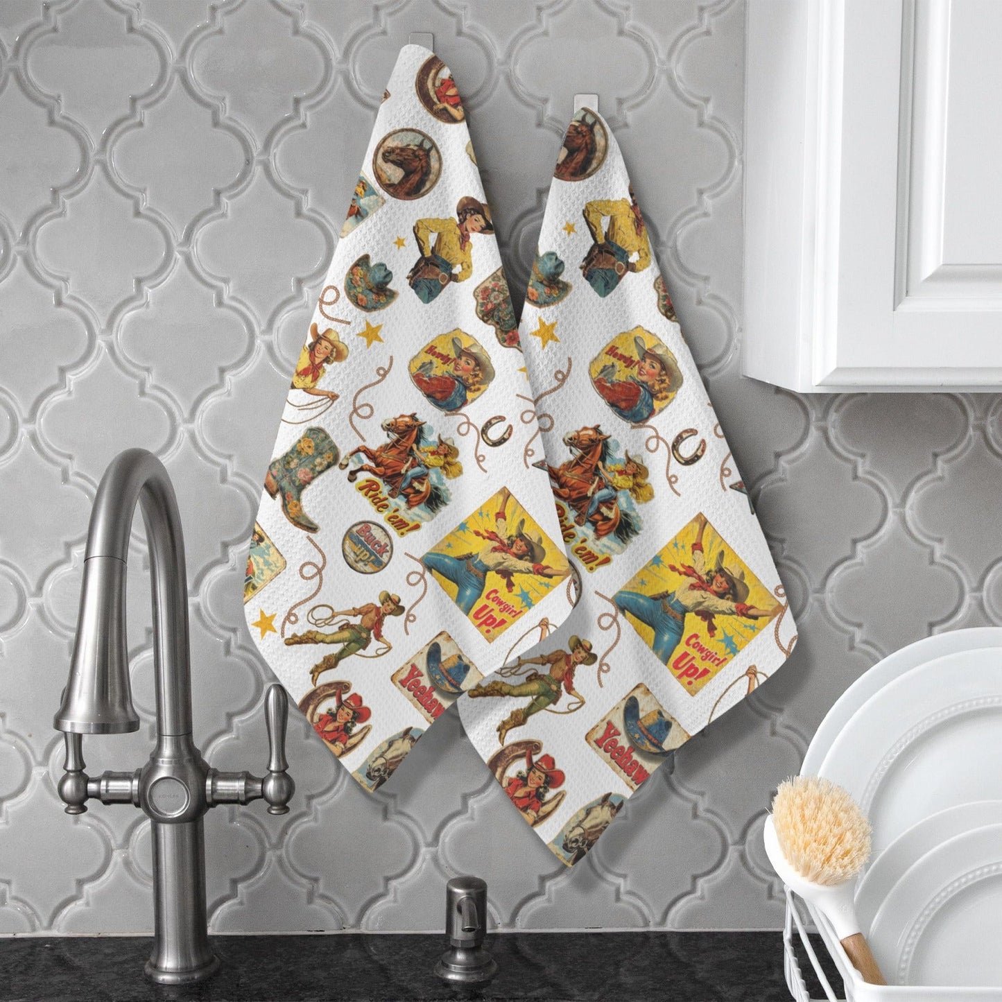 Baha Ranch Vintage Cowgirl Collage Dish Towels Set of 2 Made in America