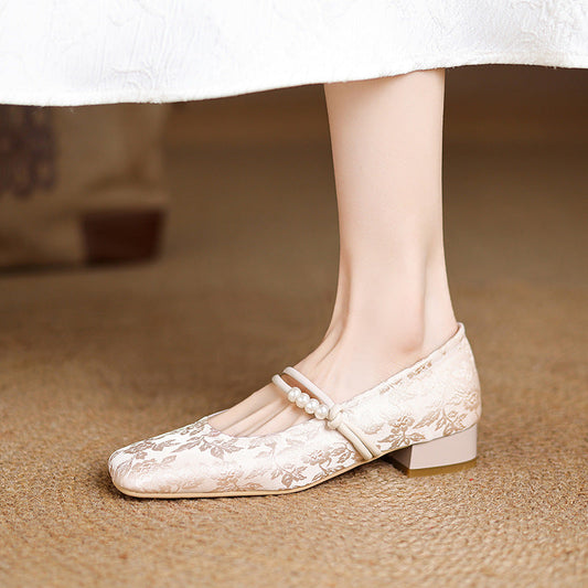 Women's Chinese-Style Satin Square-Toe Slip-On Flats – Beaded Buckle Low-Heel Shoes