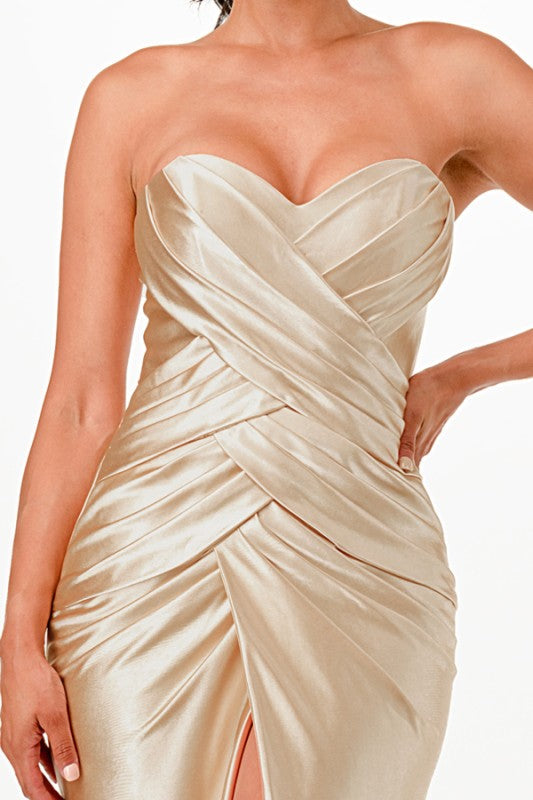 Tucked and ruched sweetheart satin dress with fitted slit skirt