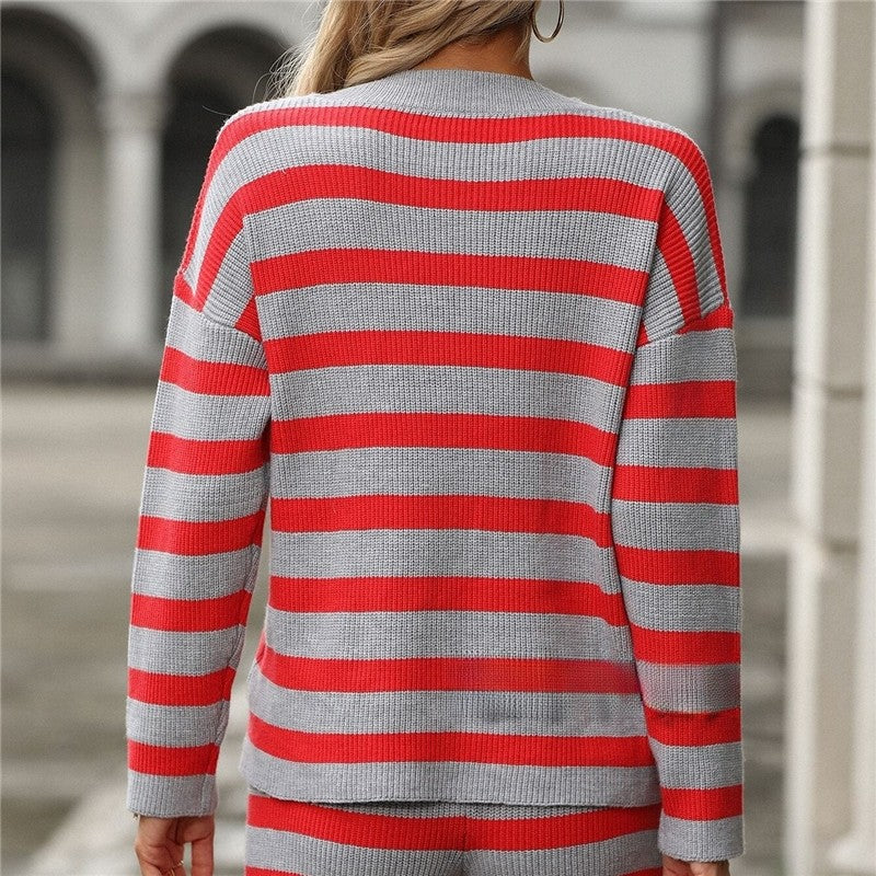 Striped Long Sleeve Knit Shorts Suit