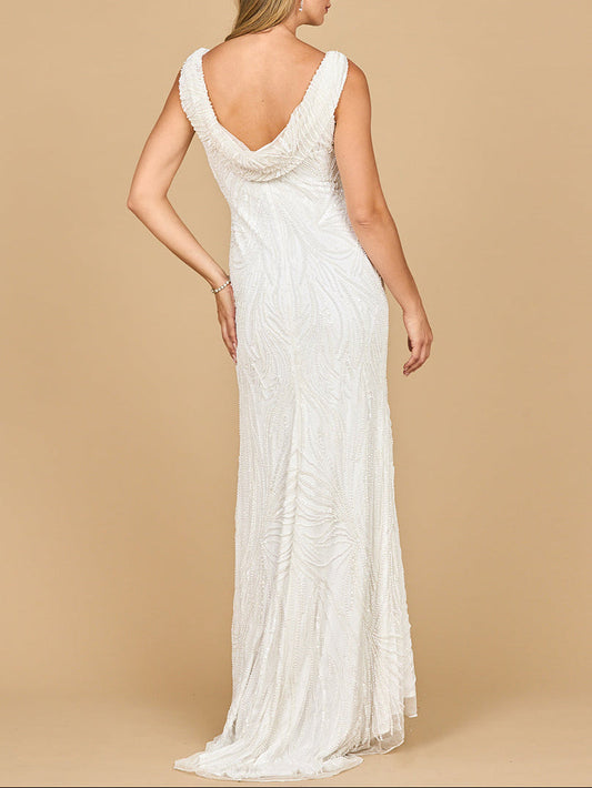 Lara 51200- Beaded Draped Cowl Back Wedding Gown