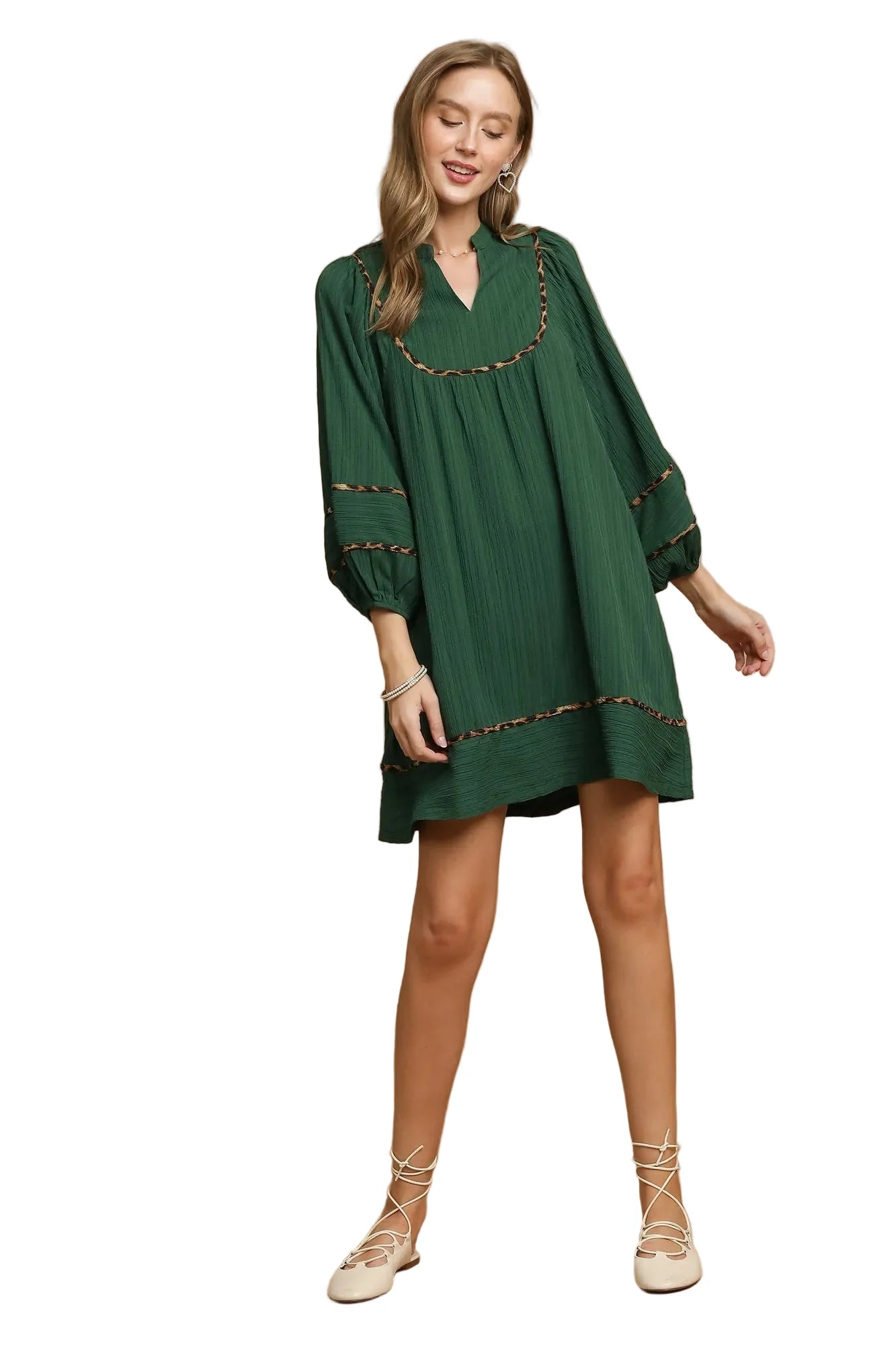 Garden Naked Womens Casual Shift Dress Boho Leopard Trim Pleated Babydoll Mini Green Balloon Sleeve Daily Wear