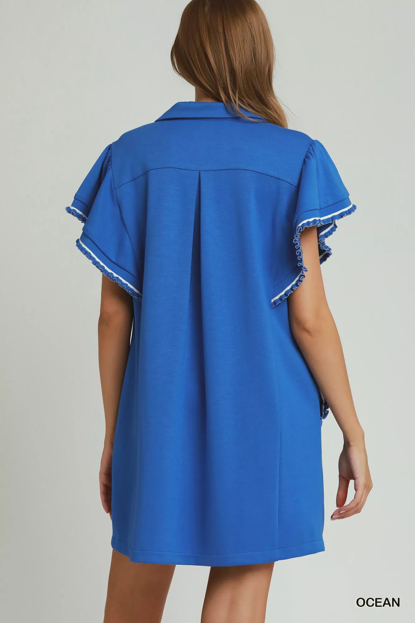 Umgee Half Zip Ruffle Rib Band Butterfy Sleeve Mini Dress with Pockets