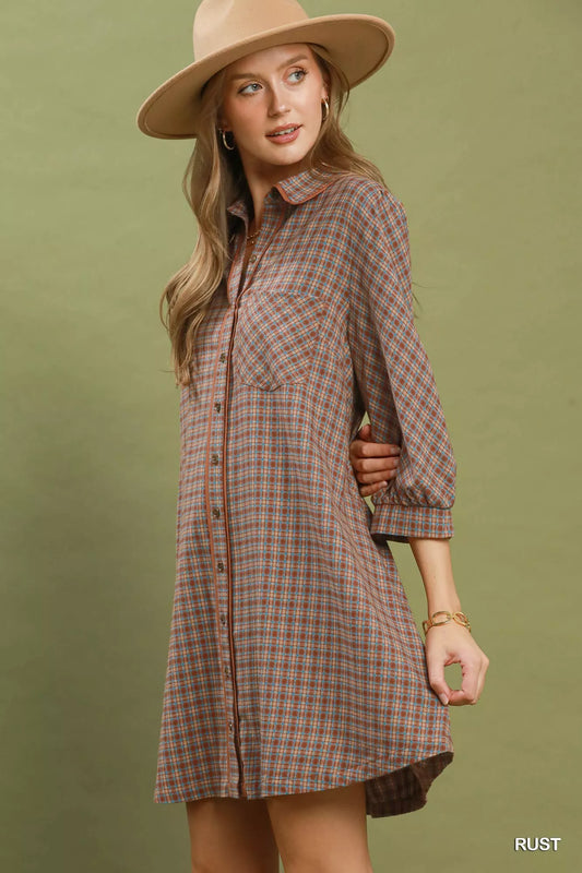Umgee Plaid Button Down Oversized Shirt Dress