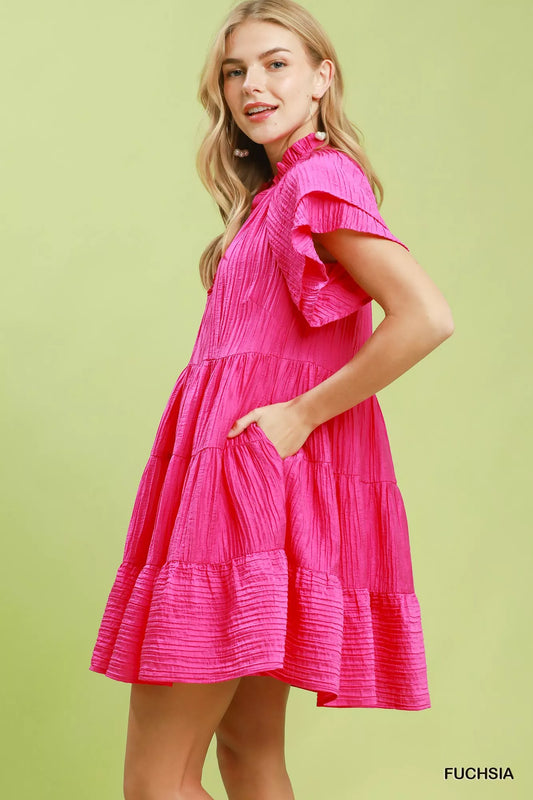 Umgee Tiered Ruffle Sleeve Textured Mini Dress