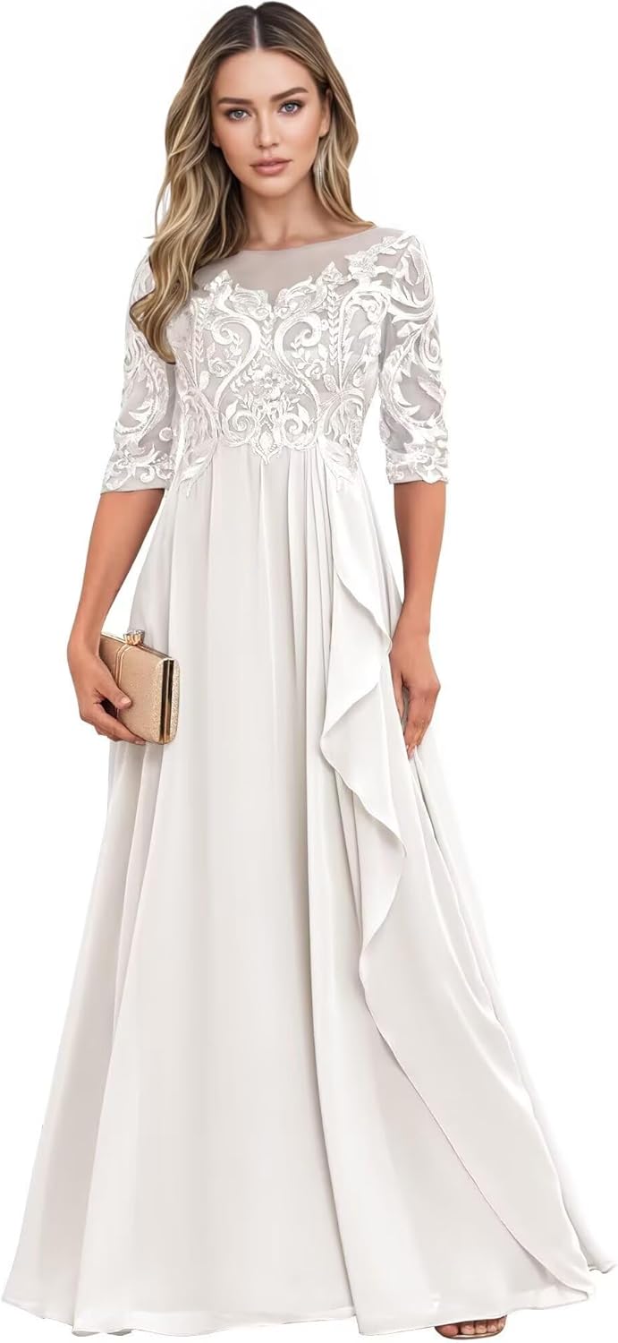 Long Mother of The Bride Dresses for Wedding Guest Half Sleeves Ruffle A Line Evening Party Gown HX012