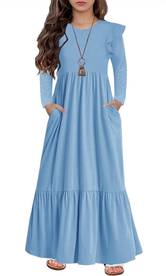 HOSIKA Girls Fall Ruffle Long Sleeve Crew Neck Loose Casual Flowy Tiered Maxi Dress with Pockets for 6-12 Y