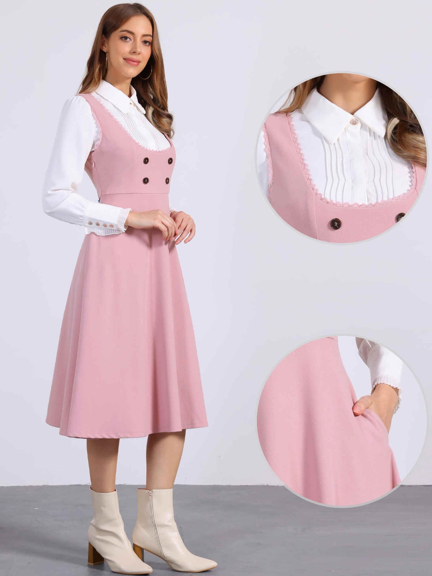 Allegra K Vintage Pinafore Dress for Women's 1950s Lace Trrim Midi Overall Dress with Pockets