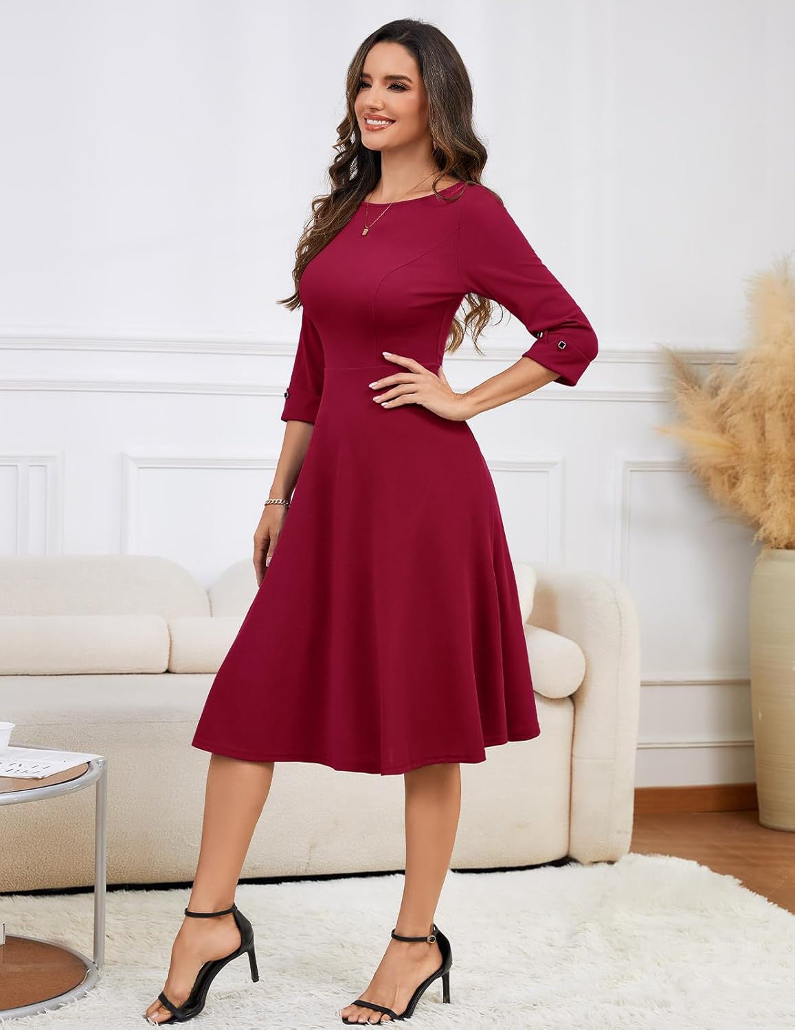 HomRain Women's Fit and Flare Midi Dress-3/4 Sleeve Modest Church Dress Classy Causal Work Dresses with Pockets