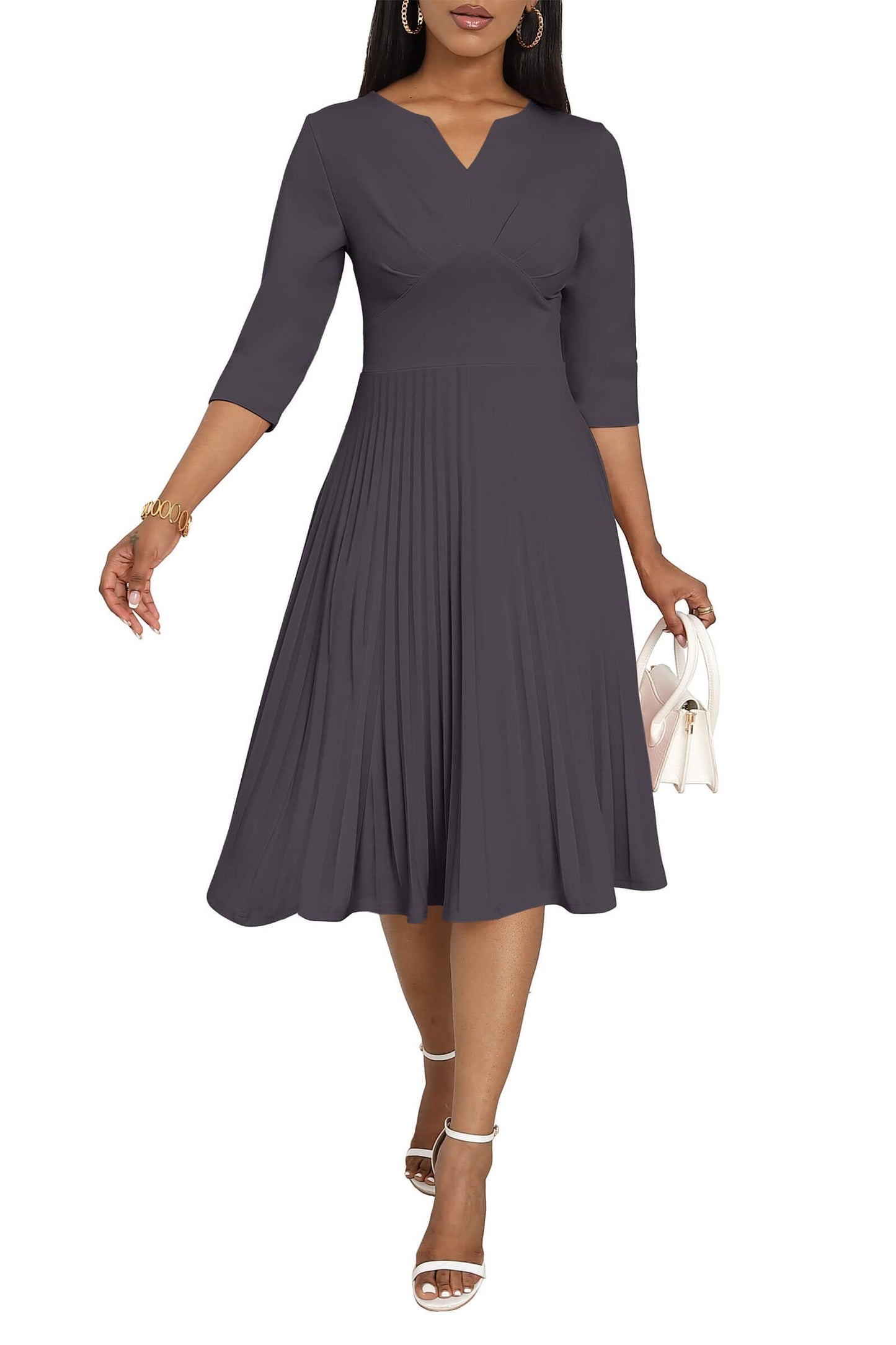 CLOCOR Midi Dresses for Women, 3/4 Sleeve A Line Pleated Casual Dress V Neck Church Cocktail Wedding Guest Dress