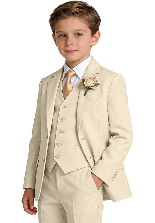 Boys Linen Suit Formal 3 Piece Toddler Tuxedo for Summer Beach Wedding Outfit Slim Fit Kids Suits Jacket Vest Pants
