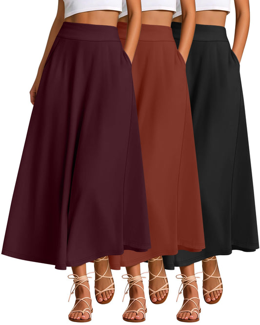 Ficerd 3 Pack Women's Maxi Long Skirts with Pockets, A Line Ankle Length High Waisted Flowy Soft Summer Casual Skirts