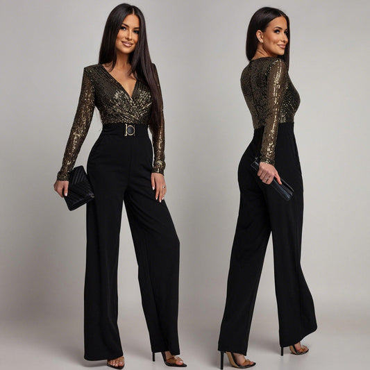 Deep V-sequined long sleeved loose jumpsuit women's clothing
