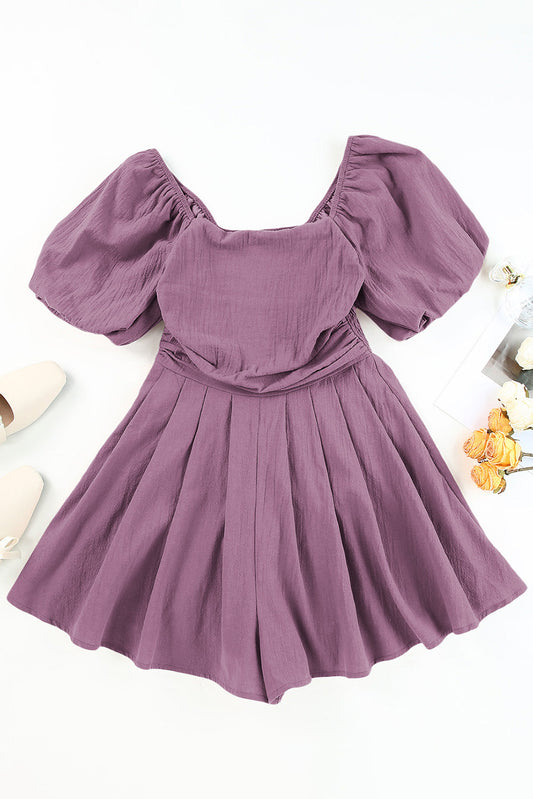 Solid Square Neck Ruched Puff Sleeve Romper